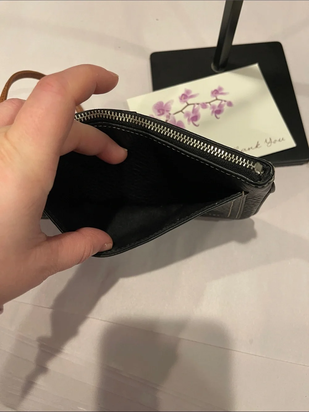 Coach Vintage Black Pebbled Leather Tan Strap Pouch Wallet Wristlet